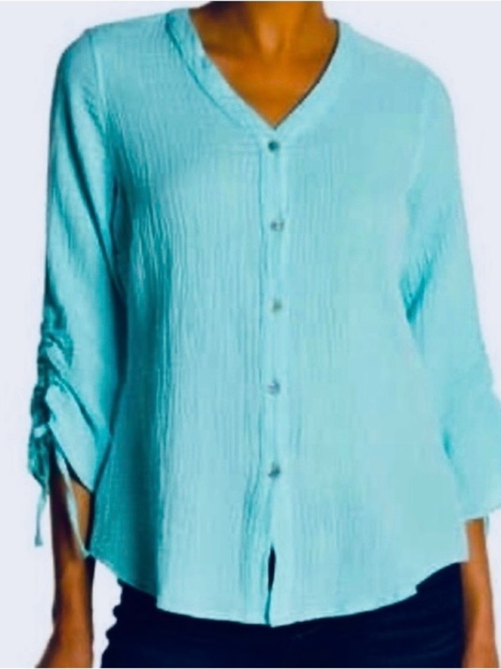 Foxcroft Pastel Aqua Crinkle Gauze Button down Top Size L Coastal Beachy